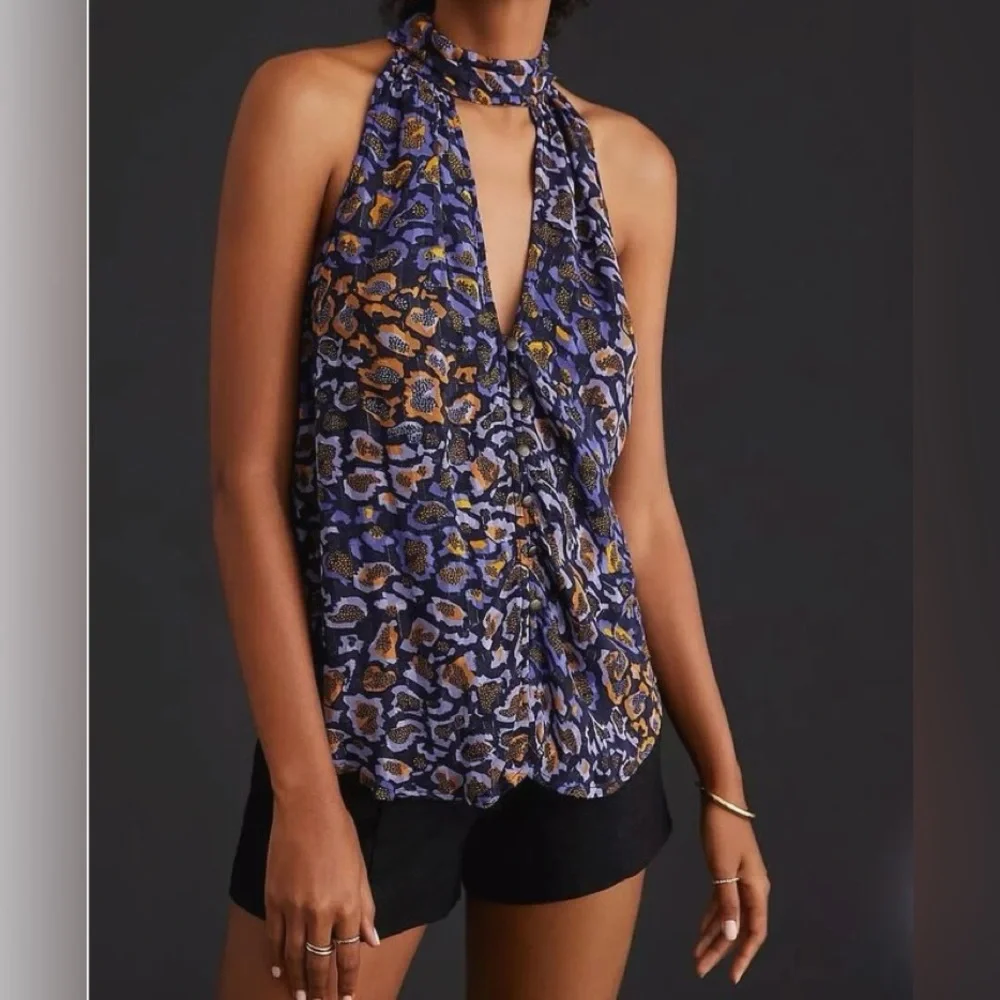 NWT Anthropologie Sleeveless Halter Top Size M Keyhole Lined Tank Purple Multi - Picture 2 of 13